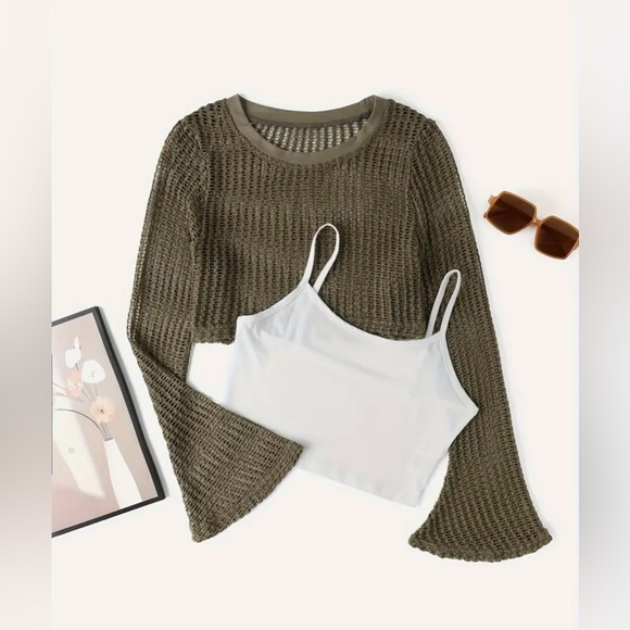 Solid Casual Two-piece Set, Crochet Hollow Out Cover Up & Crop Cami - Picture 2 of 2